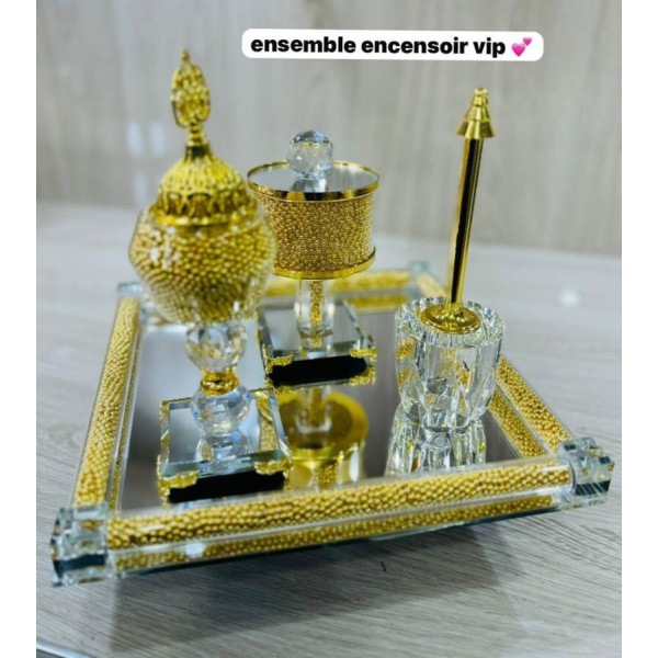Ensemble Brûleur d'encens arabe, porte-encens avec plateau,