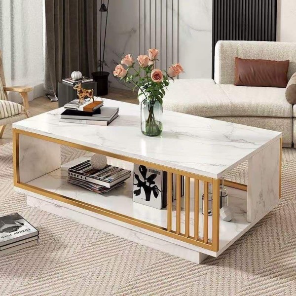 Élégance et Luxe : Table Basse Rectangulaire en Imitation Marbre Blanc avec Accents Dorés