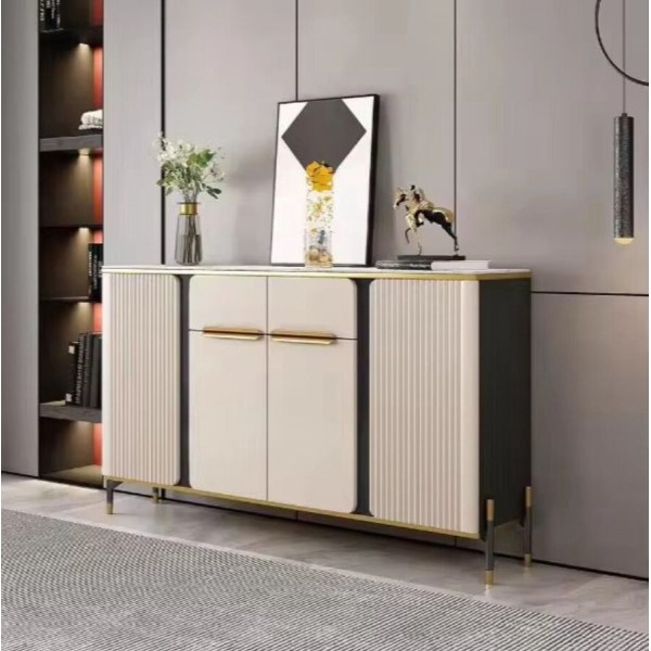 Buffet Moderne en Bois Massif avec Accents Dorés et Plateau en Marbre – Élégance et Rangement Polyvalent
