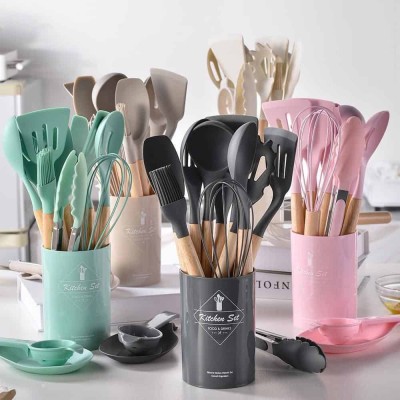 11 pièces Spatules en silicone avec poignées en bois