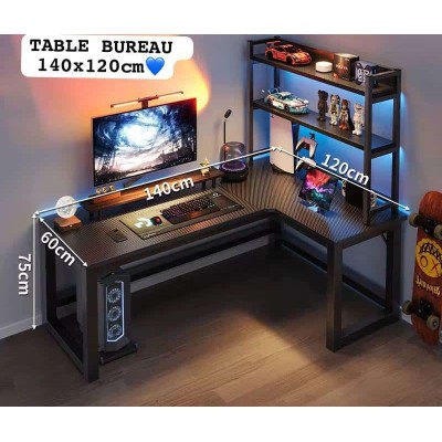 Grand Bureau d’Angle Noir 140x120 cm – Surface Imitation Carbone, Cadre Métal, avec Étagères