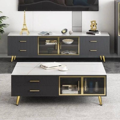 Ensemble Meuble TV & Table Basse – Design Luxe en Bois Foncé et Marbre Blanc – 2m + 1m30 – Avec Rangement et Détails Dorés
