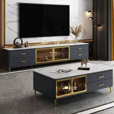 Ensemble Meuble TV & Table Basse – Design Luxe en Bois Foncé et Marbre Blanc – 2m + 1m30 – Avec Rangement et Détails Dorés