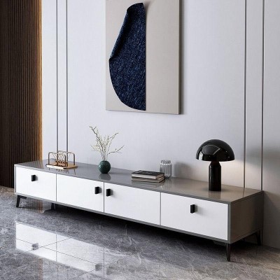 Meuble TV moderne gris foncé et blanc – 4 tiroirs, design élégant et fonctionnel Meuble TV moderne gris foncé et blanc – 4 tiroirs, design élégant et fonctionnel