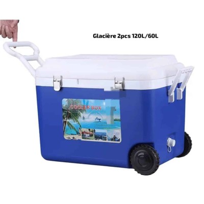 Lot de 2 glacières isothermes à roulettes – 60L et 120L – Glacières robustes avec poignées renforcées et couvercle