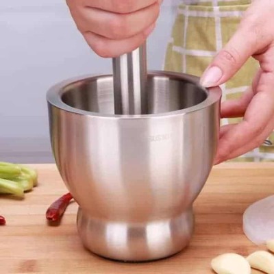 Mortier et Pilon Manuel en Acier Inoxydable avec Couvercle