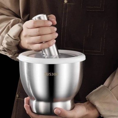 Mortier et Pilon Manuel en Acier Inoxydable avec Couvercle