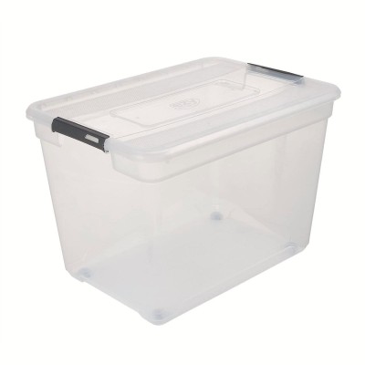Boîte de Rangement Plastique Transparente 100L avec Couvercle, Poignées et Roulettes – Grande Capacité