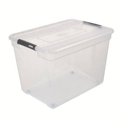Boîte de Rangement Plastique Transparente 100L avec Couvercle, Poignées et Roulettes – Grande Capacité