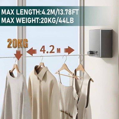 Corde à linge rétractable 4,2 m en acier inoxydable – fixation murale, grande capacité 20 kg