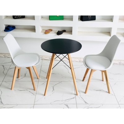 Table à manger ronde 2 places avec 2 chaises – style moderne blanc et bois clair