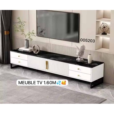 Meuble TV Moderne Blanc, Noir et Doré – Design Épuré avec Tiroirs et Portes
