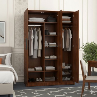 Armoire 3 portes moderne avec miroir – Finition bois brun chaud