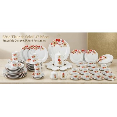 Service de Table 47 Pièces en Porcelaine Fine – Motif Floral Élégant