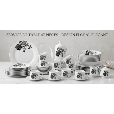 Service de Table 47 Pièces en Porcelaine Fine – Motif Floral Élégant