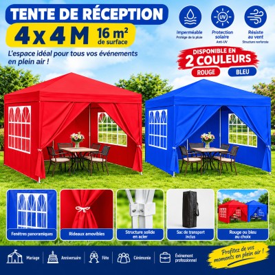 Tente de Réception Pliante 4x4 m – 16 m² – Rouge ou Bleu
