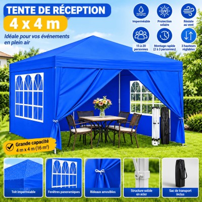 Tente de Réception Pliante 4x4 m – 16 m² – Rouge ou Bleu