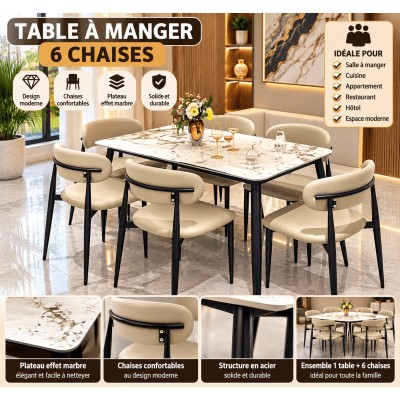 Table à Manger avec 6 Chaises – Plateau Effet Marbre
