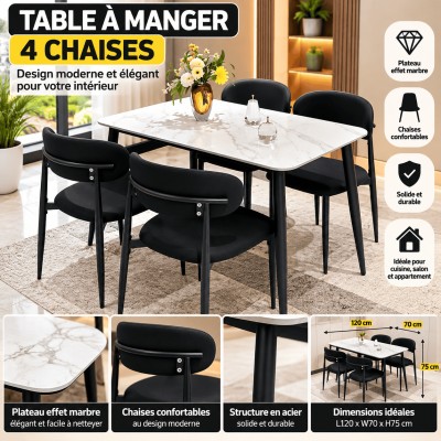 Table à Manger avec 4 Chaises Marron – Plateau Effet Marbre