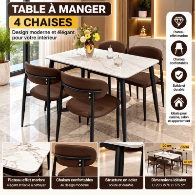 Table à Manger avec 4 Chaises Marron – Plateau Effet Marbre