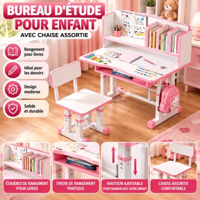 Bureau d’Étude pour Enfant avec Chaise, Étagère de Rangement et Motifs Espace