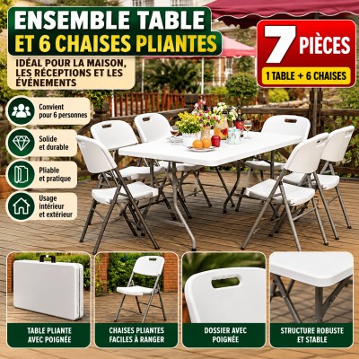 Table Pliante avec 6 Chaises Blanches – 7 Pièces