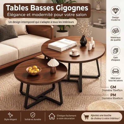 Tables Basses Gigognes Rondes en Bois et Métal – Lot de 2