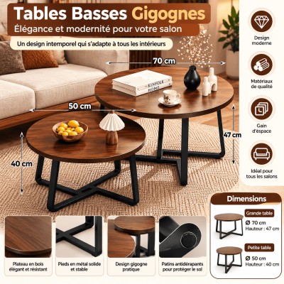 Tables Basses Gigognes Rondes en Bois et Métal – Lot de 2