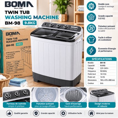Machine à Laver Semi-Automatique BOMN BM-98 – 9,8 kg, Double Cuve