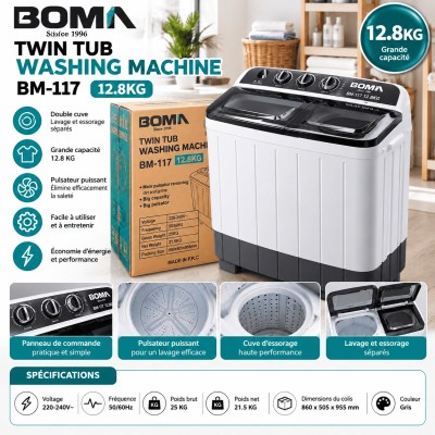 Machine à Laver BOMN BM-117 – 12,8 kg, Double Cuve Semi-Automatique